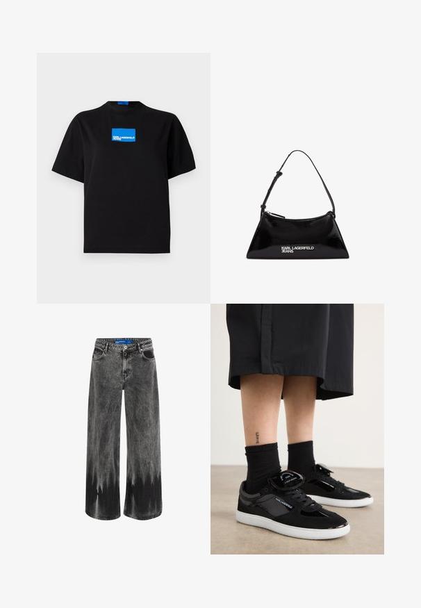 Svart bomulls T-skjorte med rund hals, med en blå rektangulær grafisk logo merket "KARL LAGERFELD JEANS" på forsiden.; Vide jeans i falmet svart denim, med en dip-dye effekt, stålmaskinvare og et klassisk fem-lomme design med en standard midjebånd.; Sorte sneakers med semsket og lakk lærmaterialer, med en hvit såle, snøring design og et merke på tungen.; Svart patentlæder handbag med en trekantet form, der har en top lynlås og justerbar rem. Logoet "KARL LAGERFELD JEANS" i sølv.