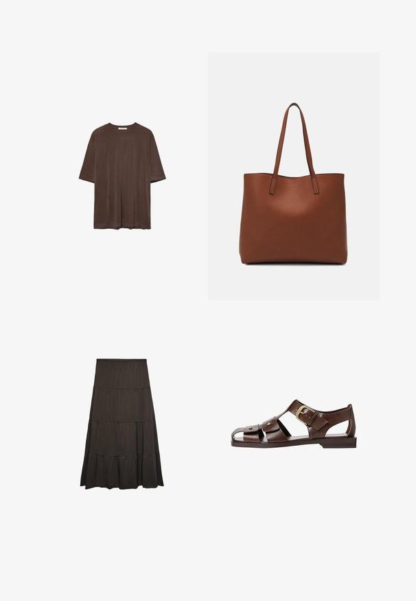 Braunes kurzärmeliges T-Shirt aus weichem Stoff, mit Rundhalsausschnitt und lockerer Passform. Glatte Textur ohne Muster oder Akzente.; Dunkelbrauer, gestufter Maxirock aus weichem Stoff mit elastischem Bund. Verfügt über drei horizontale Rüschen entlang der Länge.; Braune Leder-Sandale mit ausgeschnittenem Design, verstellbarem seitlichem Riemenverschluss und flacher Sohle, mit Metallakzenten und offenem Zehenbereich.; Braune Leder-Tote mit glatter Textur, offenem Oberteil und zwei Schulterriemen. Verfügt über minimale Nähte und keine sichtbaren Beschläge.