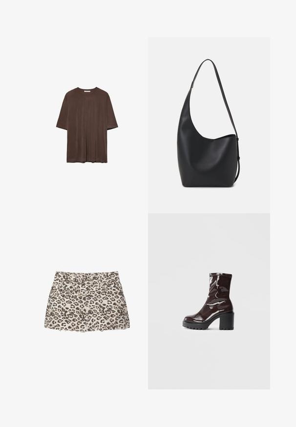 Ruskea lyhythihainen t-paita, joka on valmistettu pehmeästä kankaasta. Paita on pyöreäkauluksinen ja rento leikkaukseltaan. Pintakuvasto on sileä ilman kuvioita tai koristeita.; Denim mini-hame leopardikuosisilla, jossa on rispaantuneet reunat, etutaskut ja klassinen vyötärö kahdella metallipainikkeella.; Satea bordeaux berwarna mengkilap dengan tumit hitam tebal, menampilkan tekstur halus dan desain sederhana. Tanpa pengikat atau pola yang terlihat.; Musta nahkainen hobo-laukku, jossa on sileä pinta, kaareva muoto ja yksi säädettävä olkahihna; sisäänkäynti on leveä ylhäältä.