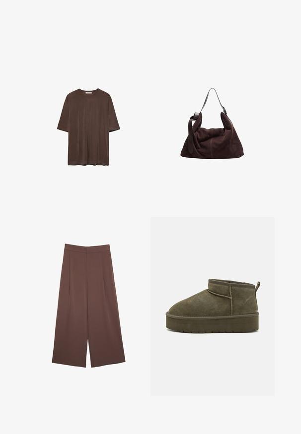 Smeđa majica kratkih rukava od mekog materijala, s okruglim izrezom i opuštenim krojem. Glatka tekstura bez uzoraka ili ukrasa.; Smeđe hlače širokog kroja s glatkom teksturom, koje imaju visok struk i nabore sprijeda. Tkanina je lagana i slobodno se kreće.; Maslinzaste antilopke za gležnjeve s okruglim vrhom, šavovima i debelim potplatom s teksturiranim uzorkom. Mali petni traku na stražnjoj strani.; Tamnosmeđa zamština hobo torba za rame s širokim podešavajućim kožnim remenom i mekim, opuštenim oblikom na bijeloj pozadini.