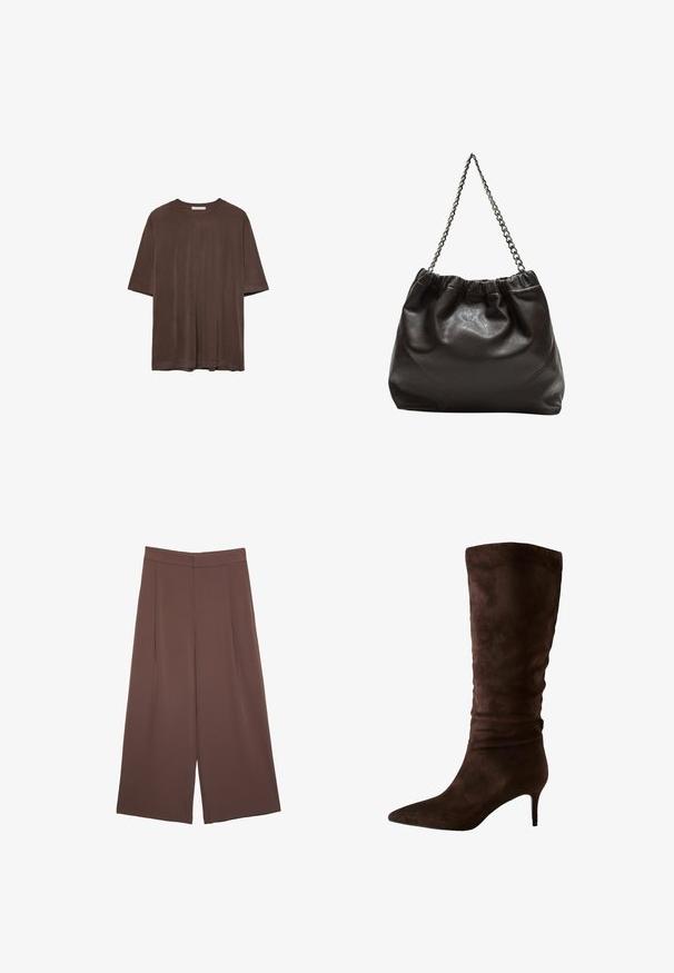Hnedé tričko s krátkym rukávom vyrobené z mäkkej textílie, s okrúhlym výstrihom a uvoľneným strihom. Hladká štruktúra bez vzorov alebo akcentov.; Hnedé nohavice so širokými nohavicami a hladkou textúrou, s vysokým pásom a prednými skladmi. Tkanina je ľahká a voľne sa pohybuje.; Hnedé semišové vysoké čižmy až po kolená s špicatou špičkou a úzkym opätkom. Dizajn obsahuje narezávanú textúru blízko vrchu pre dodatočný detail.; Hnedá kožená taška so zberaným vrchom a reťazovým popruhom. Hladký povrch s lesklým finišom a jemným švom po stranách.