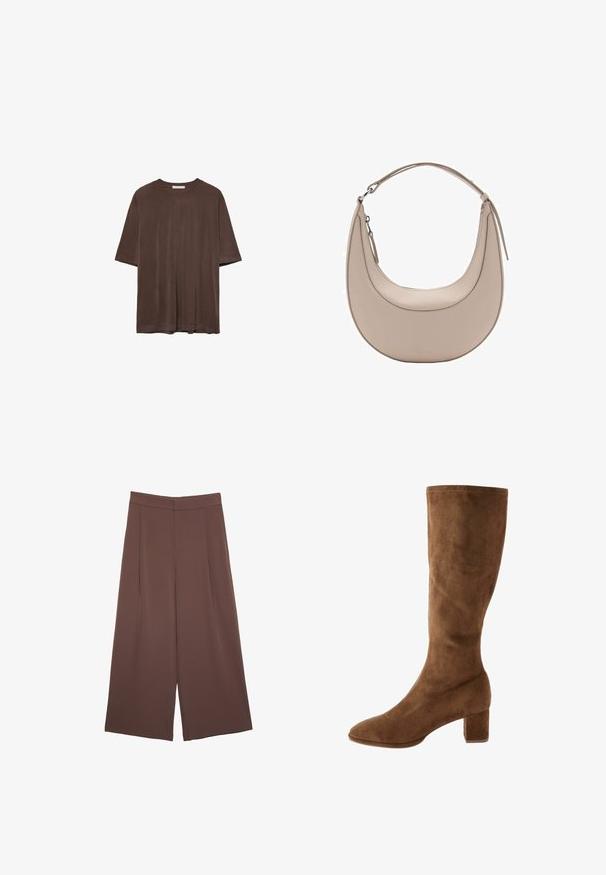 Rjava kratka majica s kratkimi rokavi, izdelana iz mehkega materiala, z okroglim izrezom in sproščenim krojem. Gladka tekstura brez vzorcev ali dodatkov.; Rjave široke hlače z gladko teksturo, ki imajo visok pas in sprednje naborke. Tkanina je lahka in prosto pada.; Rjavi nubuk škornji do kolen s koničastim nosom in blok peto, z gladko teksturo in čisto šivano obrobo.; Bež usnjena torba za rame v obliki kružnice, z gladko teksturo in eno ukrivljeno zanko. Ima zadrgo in urejen šiv.