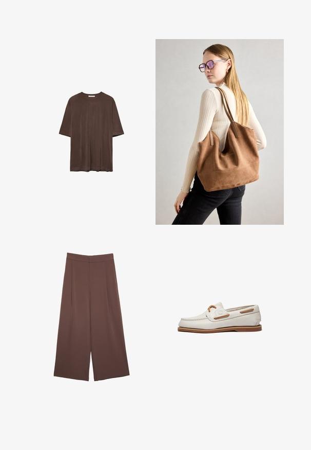 Braunes kurzärmeliges T-Shirt aus weichem Stoff, mit Rundhalsausschnitt und lockerer Passform. Glatte Textur ohne Muster oder Akzente.; Braune Weite-Leg-Hosen mit einer glatten Textur, hoher Taille und Vorderfalten. Der Stoff ist leicht und fällt locker.; Weiße Lederbootschuhe mit glatter Textur, die mit tanfarbenen Akzenten, Schnürdetails und einer Gummisohle versehen sind. Minimalistisches Design mit dezenten Nähten.; Braune Wildleder-Tasche mit weicher Textur, großer Öffnung und langen Trägern. Sie verfügt über ein simples Design mit sichtbarem Stich und ohne Beschläge.