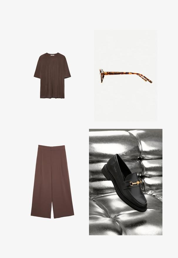 Ruskea lyhythihainen t-paita, joka on valmistettu pehmeästä kankaasta. Paita on pyöreäkauluksinen ja rento leikkaukseltaan. Pintakuvasto on sileä ilman kuvioita tai koristeita.; Ruskeat leveälahkeiset housut, joissa on sileä pinta, korkea vyötärö ja etupleat. Kangas on kevyttä ja laskeutuu väljänä.; Musta nahkakengät loafer-tyylissä, jossa on kultasävyinen yksityiskohta. Kengässä on tyylikäs muotoilu ja sileä, kiiltävä pinta.; Kivimäisd värvi päikeseprillid paksu raamiga, kergelt kõverate templitega ja siledast tekstuurist. Omab klassikalist disaini läikiva viimistlusega.