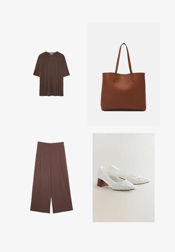 Ruskea lyhythihainen t-paita, joka on valmistettu pehmeästä kankaasta. Paita on pyöreäkauluksinen ja rento leikkaukseltaan. Pintakuvasto on sileä ilman kuvioita tai koristeita.; Ruskeat leveälahkeiset housut, joissa on sileä pinta, korkea vyötärö ja etupleat. Kangas on kevyttä ja laskeutuu väljänä.; Valkoiset kudotut korkokengät, joissa on terävä kärki ja matala puinen korko. Tekstuuri on avointa kudontaa, joka esittelee monimutkaisia kuvioita.; Ruskea nahkainen olkalaukku, jossa on sileä pinta, avoin yläosa ja kaksi olkahihnaa. Omaavat vain minimaalisen ompelun eikä näkyvää metalliosaa.