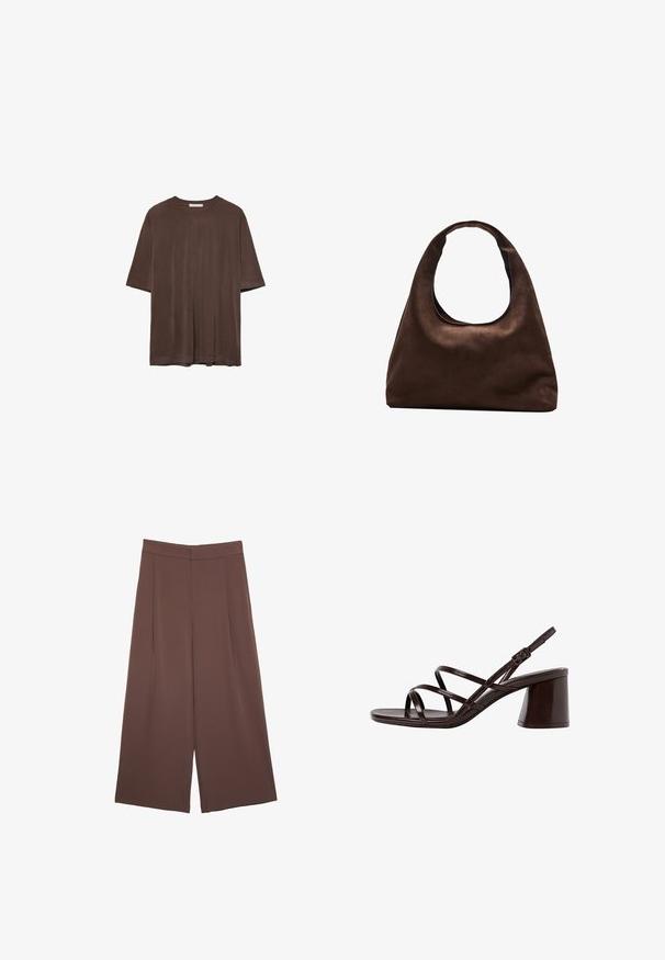 Braunes kurzärmeliges T-Shirt aus weichem Stoff, mit Rundhalsausschnitt und lockerer Passform. Glatte Textur ohne Muster oder Akzente.; Braune Weite-Leg-Hosen mit einer glatten Textur, hoher Taille und Vorderfalten. Der Stoff ist leicht und fällt locker.; Braune, glänzende Sandalen mit Absatz, die mehrere schlanke Riemen und einen massiven Blockabsatz für Stabilität aufweisen.; Weiche braune Hobo-Stil Handtasche mit einem einzigen breiten Trageriemen und einer geschwungenen Oberteilöffnung, auf einem weißen Hintergrund präsentiert.