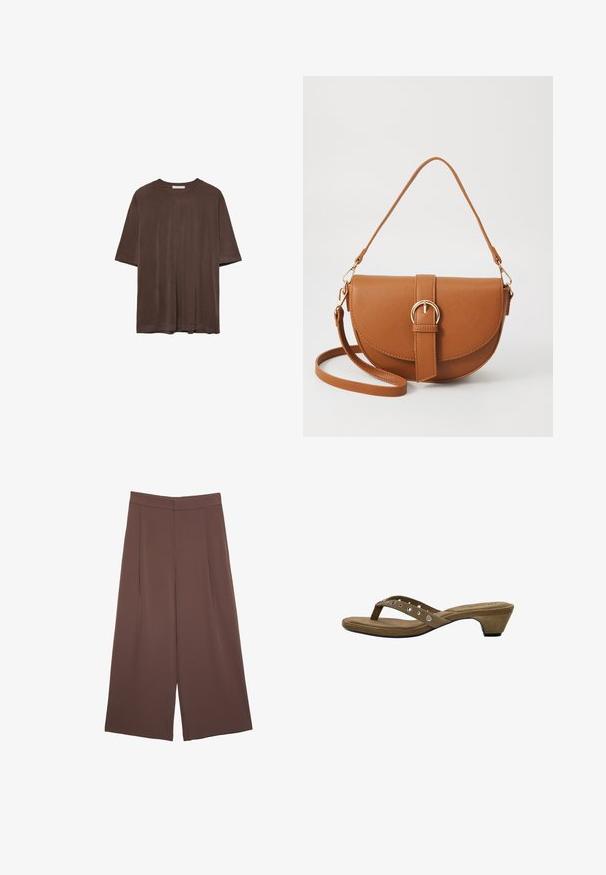 Rjava kratka majica s kratkimi rokavi, izdelana iz mehkega materiala, z okroglim izrezom in sproščenim krojem. Gladka tekstura brez vzorcev ali dodatkov.; Rjave široke hlače z gladko teksturo, ki imajo visok pas in sprednje naborke. Tkanina je lahka in prosto pada.; Rjave semiš sandale z visoko peto minimalističnega dizajna, z ožjim trakom in dekorativnimi srebrnimi žebljički ter skromno stožčasto peto.; Rjava usnjena torbica prek telesa s ukrivljeno obliko, zlate opreme in sponko. Ima odstranljiv naramni trak.