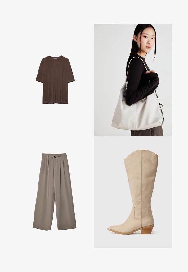 Smeđa majica kratkih rukava od mekog materijala, s okruglim izrezom i opuštenim krojem. Glatka tekstura bez uzoraka ili ukrasa.; Široke hlače u mekoj, prigušenoj sivoj tkanini, s remenom na struku i plisiranim detaljima za dodatni dizajn. Glatka tekstura, bez uzoraka.; Bež antilop čizmama do koljena s šiljastim vrhom, masivnim potplatom i vidljivim šavnim detaljima. Glatka tekstura s jednostavnim dizajnom.; Bežna torba od mekog materijala s opuštenim dizajnom, šivanim detaljima i dva remena za rame. Pogodna za svakodnevnu upotrebu.