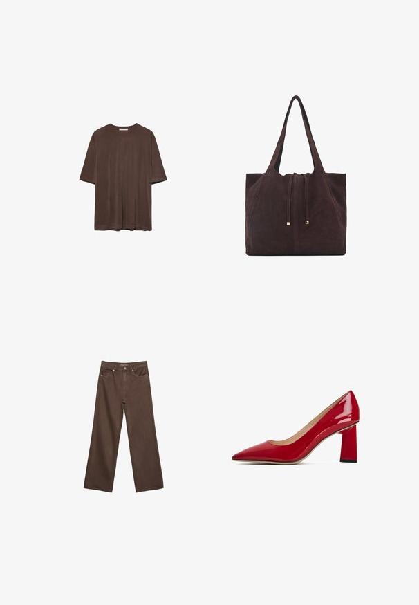 Smeđa majica kratkih rukava od mekog materijala, s okruglim izrezom i opuštenim krojem. Glatka tekstura bez uzoraka ili ukrasa.; Proširene smeđe traperice od denima, s visokim strukom, prednjim džepovima i klasičnom kopčom na dugme. Glatka tekstura s suptilnim šavovima.; Crvene lakirane kožne cipele na visoku petu sovu špicastim vrhom i debelim kvadratnim potpeticom. Glatka tekstura i minimalistički dizajn.; Mango Velika torba - dark brown
