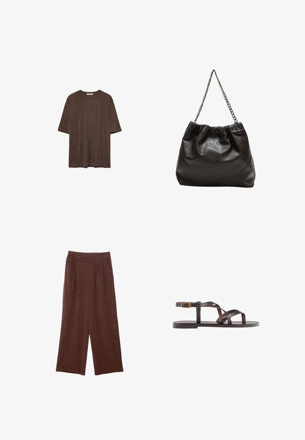 Brown short-sleeve t-shirt made of soft fabric, featuring a round neckline and a relaxed fit. Smooth texture with no patterns or accents.; Brown wide-leg trousers with a drawstring waist, featuring pleats and a soft texture, made from lightweight fabric.; Brown leather sandal featuring crisscross straps, an ankle buckle closure, and a flat sole with minimal stitching details.; Brown leather bag with a gathered top and a chain strap. Smooth texture with a glossy finish and subtle seam detailing on the sides.