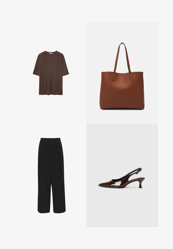 Brown short-sleeve t-shirt made of soft fabric, featuring a round neckline and a relaxed fit. Smooth texture with no patterns or accents.; Black wide-leg trousers with a waistband, featuring two front pleats and a smooth, non-textured fabric. No visible pockets or embellishments.; Brown patent leather slingback shoe with a pointed toe and a moderate heel. Features a buckle strap for secure fit. Smooth texture.; Brown leather tote bag with a smooth texture, open top design, and two shoulder straps. Features minimal stitching and no visible hardware.