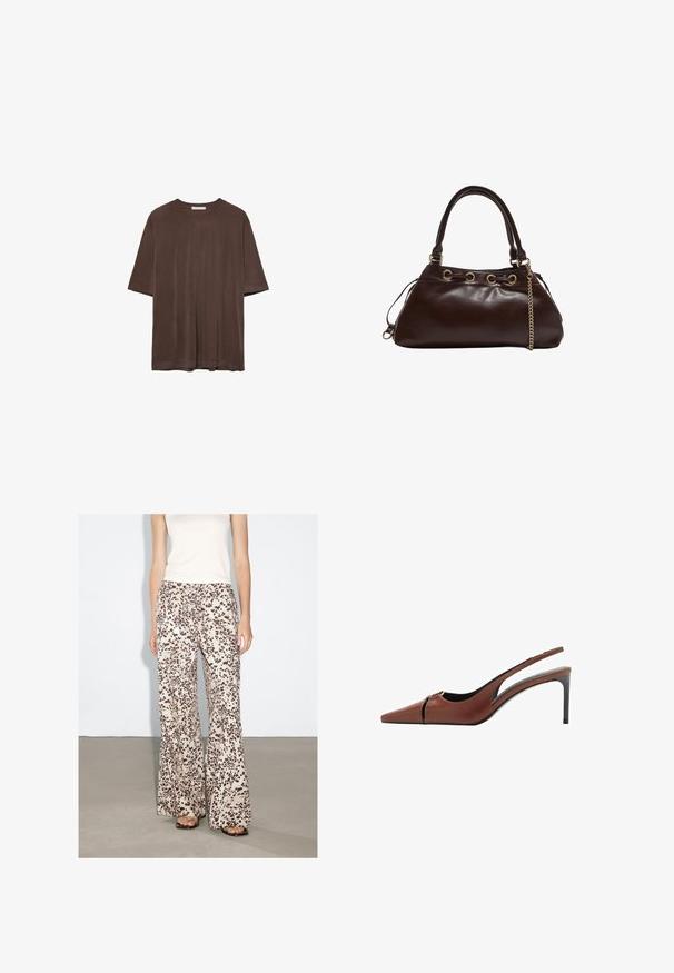 Brun kortärmad t-shirt i mjukt tyg, med rund halsringning och en avslappnad passform. Slät yta utan mönster eller detaljer.; Breda byxor i ett beige tyg med bruna prickar. Har ett elastiskt midjeband och en avslappnad passform, kombinerat med svarta sandaler.; Brun läder slingbackklack med spetsig tå, utskärning vid framv delen och en elegant stilettklack. Slät yta.; Mörkbrun läderhandväska med en slät yta, med en strukturerad form, guldfärgad hårdvara och dubbla handtag med kedjad detalj.
