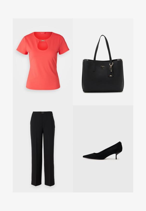 T-shirt coral de manga curta com decote redondo e detalhe em fenda no peito, feito de tecido suave. Acentuado com detalhes em metal prateado.; Calças pretas ajustadas feitas de tecido liso, apresentando um design de perna reta, uma cintura com uma fivela decorativa prateada e sem padrões visíveis.; Sapato de salto alto em camurça preta com bico afunilado e salto baixo e fino. Textura suave com um design elegante, apresentando nenhum hardware visível.; Mala tote preta feita de material sintético texturizado, com duas alças, uma placa de logótipo dourada e uma etiqueta pequena com um detalhe em acento.