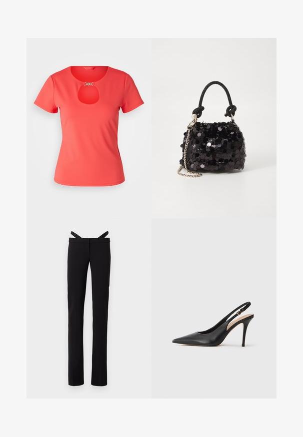 T-shirt coral de manga curta com decote redondo e detalhe em fenda no peito, feito de tecido suave. Acentuado com detalhes em metal prateado.; Calças pretas de perna reta com um corte justo e suspensórios pretos brilhantes presos à cintura, contra um fundo branco.; Sapato de salto alto em pele preta, com biqueira pontiaguda, textura suave e uma tira delicada com uma fivela metálica.; Mala mini preta de lantejoulas com uma alça texturizada em nó e corrente prateada. Forma arredondada com parte superior pregueada e detalhes reflexivos.