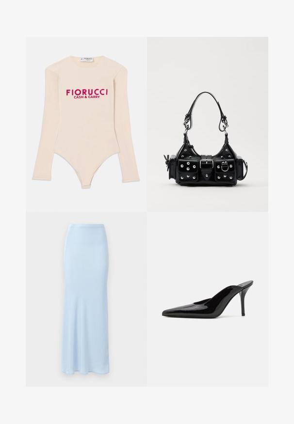 Hosszú ujjú, meztelen színű bodysuit, puha anyagból készült, lekerekített nyakkivágással és feltűnő rózsaszín "Fiorucci CASH & CARRY" logóval a mellrészen.; Világoskék, padlóhosszig érő selyemszerű szoknya, beleilleszkedő derékrésszel és enyhe bővüléssel az alján, fehér háttér előtt.; Fekete lakkbőr magas sarkú mules cipő, hegyes orral és karcsú sz Siluettel, nyitott hátsó résszel és vékony stilettó sarokkal.; Fekete bőr kézitáska ívelt designnal, ezüst szegecsekkel, csattal és két oldalsó zsebbel. Állítható vállpánt a hordozási lehetőségekhez.