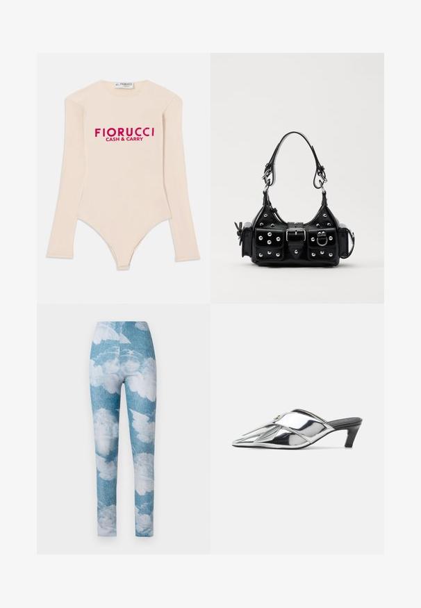 Langärmliger nudefarbener Body aus weichem Stoff, mit Rundhalsausschnitt und auffälligem pinken "Fiorucci CASH & CARRY"-Logo über der Brust.; Leggings mit einem blauen Denim-Hintergrund und weißen Wolkenmustern. Der Stoff scheint dehnbar mit einem figurbetonten Design und einer ankle-langen Passform zu sein.; Silberne metallische Absatzmules mit einer spitzen Zehe, überkreuzten Riemen, einem kleinen Blockabsatz und glatter, glänzender Oberflächenstruktur.; Schwarze Lederhandtasche mit einem geschwungenen Design, verziert mit silbernen Nieten, einer Schnalle und zwei seitlichen Taschen. Verstellbarer Träger für verschiedene Tragemöglichkeiten.