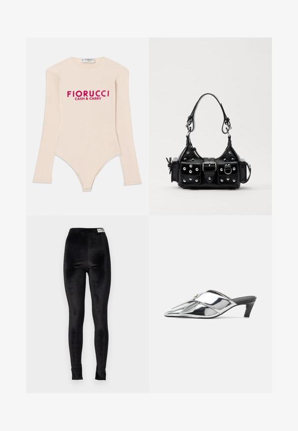 Long-sleeve nude bodysuit made from soft fabric, featuring a scoop neckline and bold pink "Fiorucci CASH & CARRY" logo across the chest.; Black velvet leggings with a high waist, smooth texture, and fitted design; includes a brand tag at the waistband.; Silver metallic heeled mules with a pointed toe, cross-over straps, a small block heel, and smooth, glossy surface texture.; Black leather handbag with a curved design, featuring silver studs, a buckle, and two side pockets. Adjustable strap for carrying options.