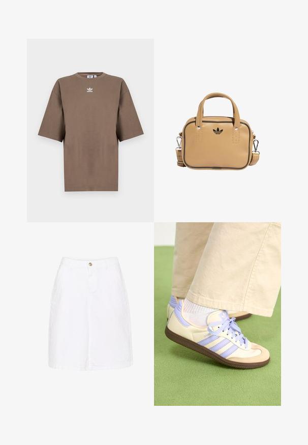 Brown cotton t-shirt with short sleeves, round neck, and white Adidas logo centered at the chest, featuring a plain design and relaxed fit.; White cotton denim skirt with a front button closure, side pockets, and a straight silhouette, featuring a subtle textured finish.; Cream and lavender sneakers with three stripes and a textured brown sole, featuring laces and a padded heel. Soft fabric upper.; Tan vegan leather bag with two handles, detachable shoulder strap, black accent stitching, and a small black logo on the front.