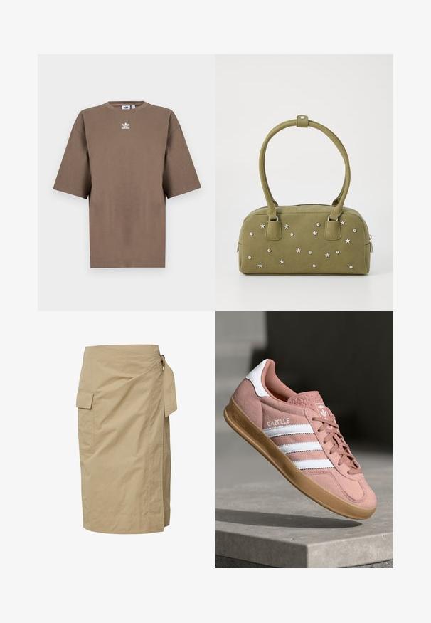 Braunes Baumwoll-T-Shirt mit kurzen Ärmeln, Rundhals und weißem Adidas-Logo, das zentral auf der Brust platziert ist. Das Design ist schlicht und der Schnitt ist locker.; Beige Wickelrock aus leichtem Stoff, mit seitlichem Bindeband und einer Tasche auf der linken Seite, mit einer einfachen, glatten Textur.; Rosa Wildleder-Sneaker mit weißen Streifen, Gummisohle, strukturiertem Obermaterial und Logo auf der Zunge. Klassisches Low-Top-Design.; Olivengrüne Kunstwildleder-Handtasche mit silbernen Stern- und Niete-Applikationen. Sie verfügt über zwei kurze Griffe und einen Reißverschluss oben.
