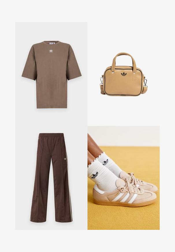 Brūna kokvilnas T-krekls īsām piedurknēm, apaļa kakla izgriezums, ar baltu Adidas logo centrā krūtīs, ar vienkāršu dizainu un brīvu piegriezumu.; Brūnas sporta bikses ar platu kāju dizainu, baltām sānu svītrām, elastīgu jostasvietu un divām sānu kabatām. Uz kājas ir mazs logotips.; Beige ādas sporta apavi ar baltām svītrām un zelta zīmoliem, kombinēti ar baltām viļņotām zeķēm ar melnu logo. Tekstūrēta gumijas zole.; Dzeltenīgi brūna vegānu ādas soma ar divām rokturēm, noņemamu plecu siksnu, melniem akcentu izšuvumiem un mazu melnu logotipu priekšpusē.