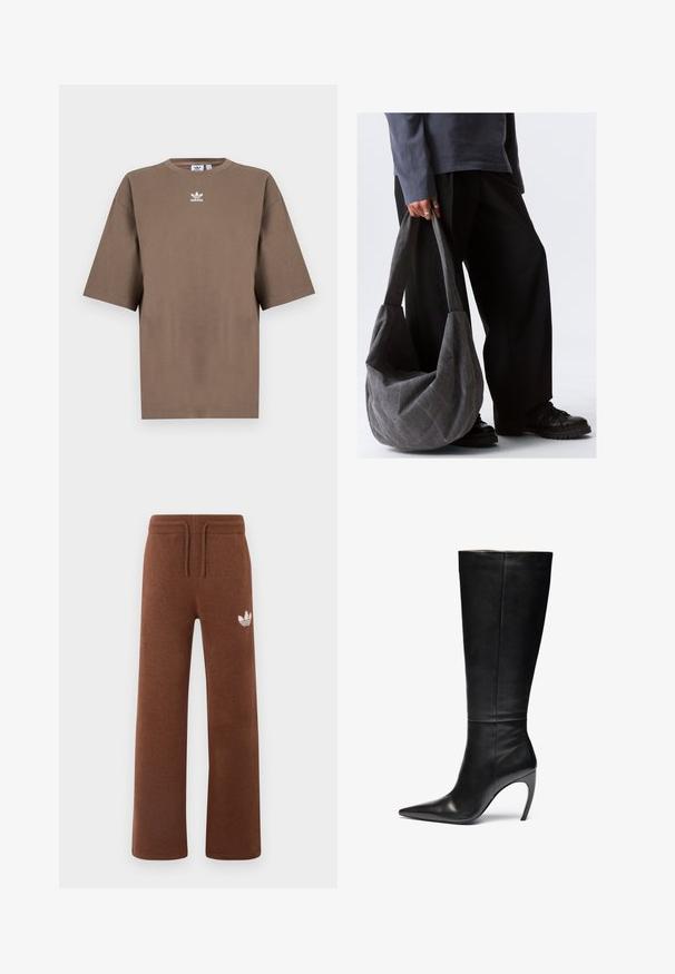 Barna pamut póló rövid ujjakkal, kerek nyakkal és fehér Adidas logóval a mellkason, egyszerű dizájnnal és laza szabással.; Barna pamut joggingnadrág, laza szabással, rugalmas derékrésszel, húzózsinórral, és fehér logóval a bal combon.; Fekete bőr, térdihosszú csizma, hegyes orral és magas tűs sarokkal; sima, letisztult textúrájú, finom varrásokkal, látható fémalkatrészek nélkül.; Szürke anyagú, laza formájú válltáska, sima felülettel és széles pántokkal. A táskát egy sötét nadrágot viselő személy tartja.