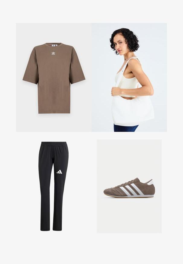 Brūna kokvilnas T-krekls īsām piedurknēm, apaļa kakla izgriezums, ar baltu Adidas logo centrā krūtīs, ar vienkāršu dizainu un brīvu piegriezumu.; Melnas sporta bikses ar elastīgu jostu, taisna kāju forma, gluda tekstūra un baltais Adidas logo uz kreisā augšstilba.; Brūnas zamšādas sporta kurpes ar baltām svītrām, apaļā purngala forma, ar auklēm, un gumijas zole. Tekstūrēts augšdaļa ar šuvju detaļām.; Balta pleca soma, izgatavota no gludas auduma, ar ovālu izgriezumu un platu siksnu. Vienkārša un moderna, bez redzamām furnitūrām.