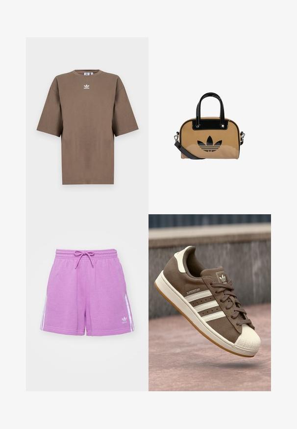 T-shirt de algodão castanho com mangas curtas, decote redondo e logo branco da Adidas centrado no peitoral, apresentando um design simples e um corte descontraído.; Bermuda de algodão roxa com cintura elástica e cordão de aperto, apresentando riscas laterais brancas e um pequeno logotipo na bainha inferior.; Sapatilha de camurça castanha com riscas brancas, detalhes em creme e biqueira de borracha. Apresenta um design com atacadores e sola de borracha texturizada.; Bolsa bege com detalhes em couro envernizado preto, forma arredondada, alças duplas e um logotipo preto em relevo na parte da frente.