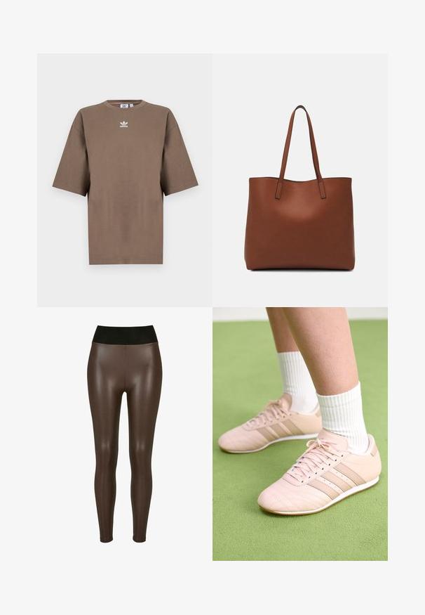 Pruun puuvillane T-särk lühikeste varrukatega, ümar kaelus ja valge Adidas'i logo keskpunktis rinnal, lihtne disain ja mugav lõige.; Pruun kunstnahast retuusid, millel on kõrge must vöökoht, sujuva läikiva viimistluse ja jalga sobiv disain.; Heled roosa sportjalatsid diagonaalse õmblusega, valged tallad ja kolm külgtriipu. Kandmiseks ribadega valgete sokkidega rohelisel pinnal.; Pruun nahast tote-kott, millel on sile tekstuur, avatud ülaosa disain ja kaks õlarihma. Omab minimaalset õmblust ja nähtavat riistvara ei ole.