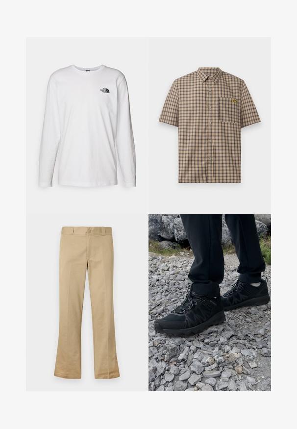 Biała koszulka z długim rękawem wykonana z bawełny, z okrągłym dekoltem. Posiada małe czarne logo na piersi. Gładka faktura, regularny krój.; Koszula w kratę z krótkim rękawem w kolorze beżowym z granatowymi i brązowymi kwadratami, z kieszenią na piersi i żółtym logo na kieszeni.; Jasne, beżowe spodnie typu dzwony z mieszanki bawełny, wyposażone w zapięcie na guzik, szlufki na pasek oraz gładki przód o gładkiej fakturze.; Czarne buty outdoorowe wykonane z siateczki i materiału syntetycznego, z fakturowaną cholewką, zabezpieczonym systemem sznurowania i solidną podeszwą, na skalistym terenie.