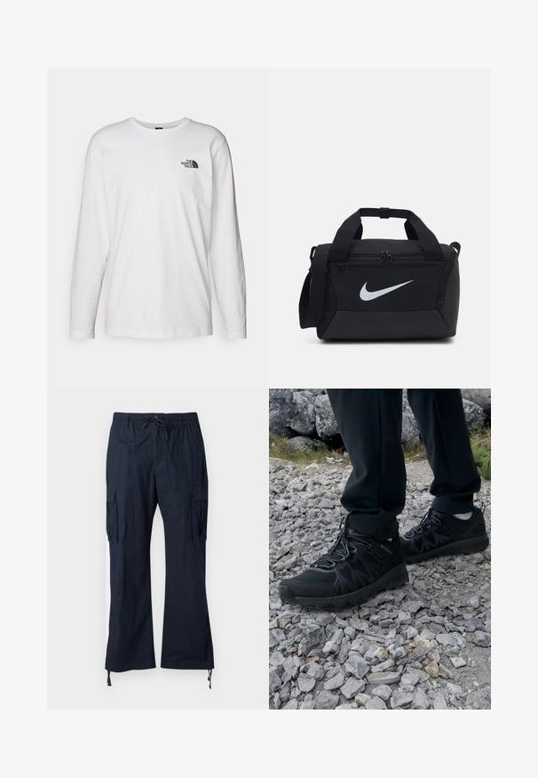 Bílý dlouhý rukáv tričko vyrobené z bavlny s kulatým výstřihem. Na hrudi se nachází malé černé logo. Hladká textura, běžný střih.; Námořnické cargo kalhoty s elastickým pasem, nastavitelnou šňůrkou, dvěma postranními kapsami a zúženým lemem se šňůrkami. Vyrobeno z odolné tkaniny.; Černé venkovní boty z prodyšného a syntetického materiálu, s texturovaným svrškem, bezpečným šněrovacím systémem a robustní podrážkou, na skalnatém terénu.; Černá sportovní taška z hladké tkaniny, se dvěma zipovými přihrádkami, polstrovanými rukojeťmi a velkým bílým logem Nike na přední straně.