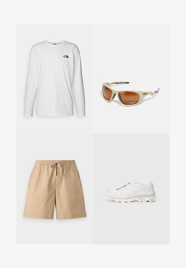 Hvid langærmet T-shirt lavet af bomuld med rund hals. Har et lille sort logo på brystet. Glat tekstur, almindelig pasform.; Beige bomuldsshorts med elastisk talje og justerbar snøre, med sidelommer og afslappet pasform. Glat tekstur, knælang.; Hvid sportssko med tekstureret mesh-overdel, reflekterende detaljer og en polstret sål. Bemærkelsesværdigt mærke-logo på siden.; Beige sports solbriller med brune linser, et strømlinet design, teksturerede sorte accenter på stangene, og en vinkelret form.