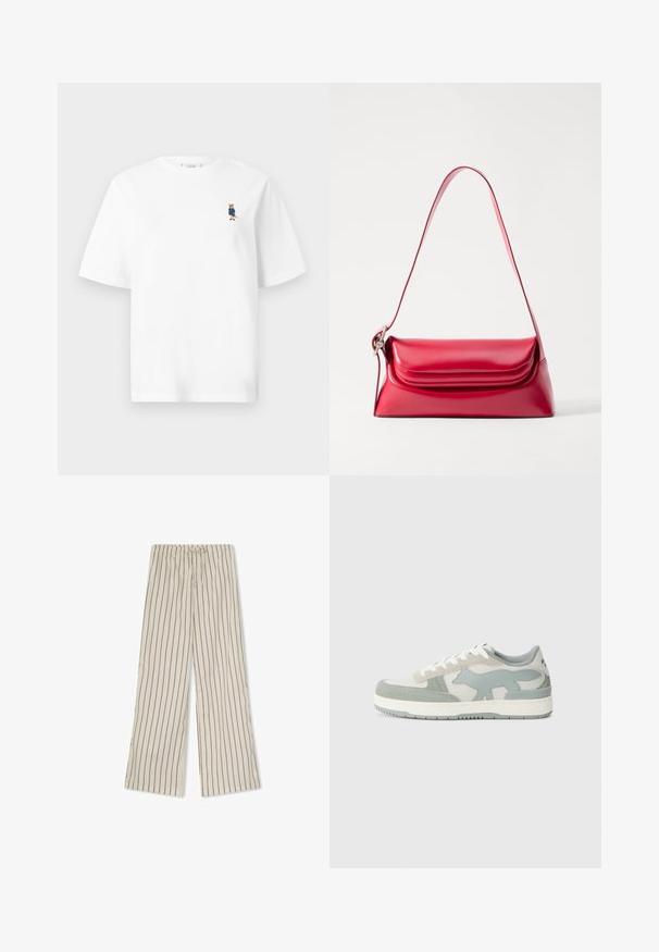 Valge puuvillane T-särk lühikeste varrukatega, mille vasakul rinnal on väike sinises jaki embleemiga rebane.; Kerged, kreemikäigulised kangast püksid, millel on vertikaalsed pruunid triibud. Pükstel on elastne vöökoht koos paelu ja laiad sääred.; Sneakerid, millel on kombinatsioon heledast hallist ja mündirohelisest sametist, eristuv rebase logo küljel ja valged nöörid.; Punane nahast käekott, millel on struktureeritud kuju, sile tekstuur ja üks reguleeritav rihm. Omab ümmargust klapikinnitust.