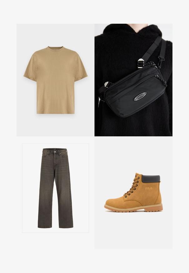 Kaki trumpas rankovėmis marškinėliai, pagaminti iš minkštos medžiagos, su apvaliu iškirpimu ir laisvu siluetu. Nėra matomų raštų ar grafikos.; Plati kojinės džinsai tamsiai pilkos spalvos džinsinio audinio, su aukštu liemeniu, klasikinio penkių kišenių dizainu ir kontrastinga siuvimo linija siūlėse.; Šviesiai rudos sukurto zomšo kulkšninių batu su juodu paminkštintu apvadu, metaliniais aklais ir tekstūruota guma. Ant šono yra įspaustas logotipas.; Juodas nailono per petį nešiojamas krepšys su reguliuojama juosta, turintis lygią tekstūrą, priekinį užtrauktuką ir logotipo akcentą.