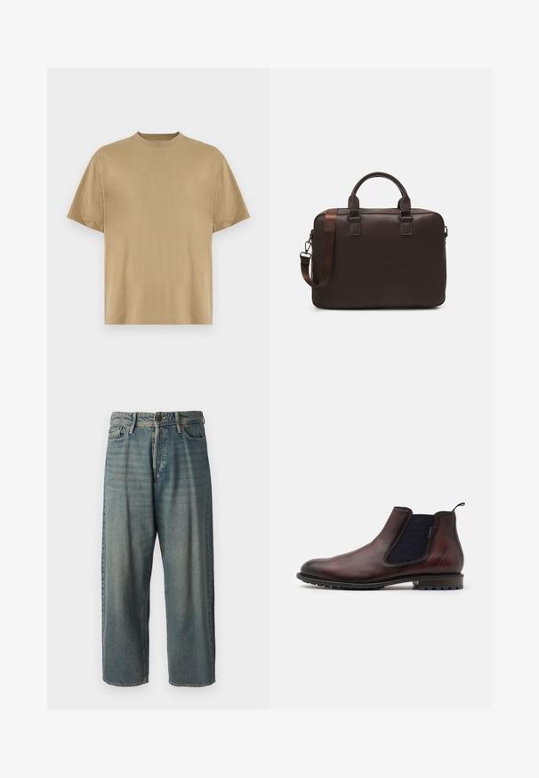 Camiseta de mangas curtas em caqui, feita de tecido suave, com decote redondo e um corte descontraído. Sem padrões ou gráficos visíveis.; Jeans de ganga azul claro com um corte solto, cintura média e pernas retas. Apresenta cinco bolsos, passadores de cinto e fecho com botão.; Bota chelsea de couro castanho com painéis laterais elásticos, bico redondo e sola de borracha preta texturizada. Acabamento suave com brilho subtil.; Mala de laptop em pele castanha com uma superfície texturizada, duas alças superiores, alça ajustável e duas fivelas frontais para um detalhe adicional.