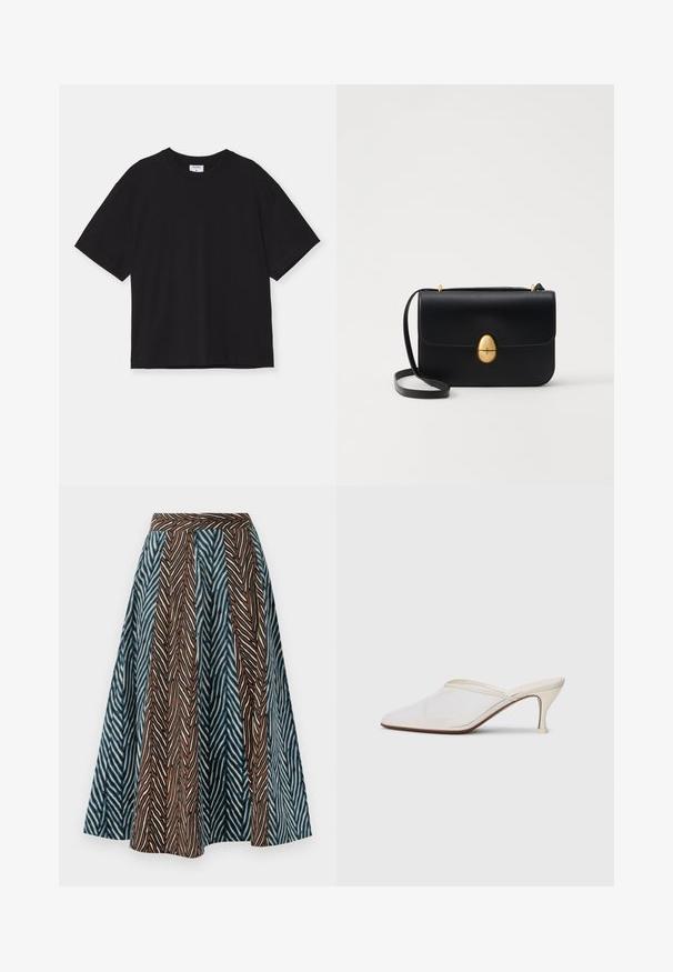 T-shirt noir à manches courtes en coton. Il présente une coupe décontractée, un col rond et aucun motif ni embellissement visible.; Jupe midi marron et bleue avec un motif zigzag, un design plissé et une taille ajustée. Fabriquée en tissu léger.; Mule blanches en mesh avec un bout pointu, un talon moyen élancé et un design à enfiler, sur un fond uni.; Sac à main en cuir noir avec une forme rectangulaire structurée. Équipé d'un fermoir ovale doré et d'une fine bandoulière. Texture lisse.