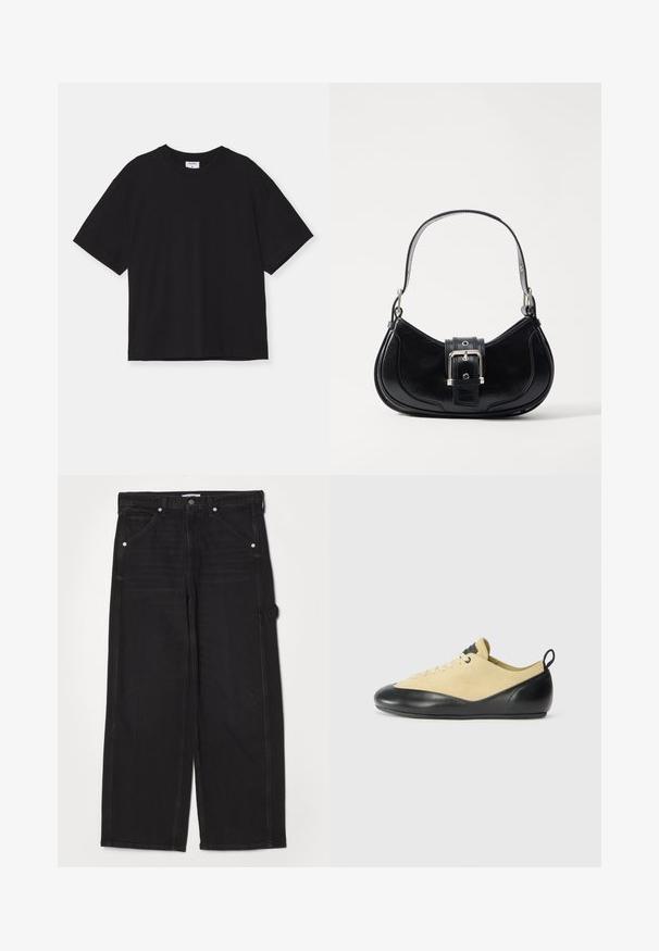 Musta lyhythihainen t-paita, joka on valmistettu puuvillasta. siinä on rento malli, pyöreä kaula-aukko, eikä siinä ole näkyviä kuvioita tai koristeluja.; RE/DONE PAINTER JEAN - Relaxed fit -farkut - crafted black; Kiipeilykengät vaaleanruskeasta mokasta, mustalla kumikärjellä, nauhakiinnitys ja kantapäässä vetoketju helppoa pukemista varten. Suoraviivainen ja matala profiili.; Musta nahkalaukku, jossa on kaareva muotoilu, keskellä solkipitsi ja lyhyt, sileä kahva. Tekstuuriset yksityiskohdat parantavat sen ulkonäköä.