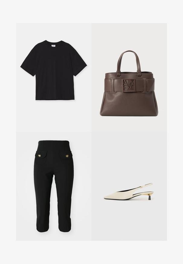 T-shirt noir à manches courtes en coton. Il présente une coupe décontractée, un col rond et aucun motif ni embellissement visible.; Pantalon slim-fit noir avec deux poches avant ornées de boutons dorés, texture lisse et longueur courte. Design classique pour un usage polyvalent.; Chaussures slingback en cuir verni beige avec un bout pointu, un talon noir élancé et des accents métalliques dorés sur les côtés.; Sac à main en cuir marron avec texture granuleuse, anses supérieures et un logo bien en vue sur une sangle ressemblant à une ceinture. Présente des accents angulaires et une forme structurée.
