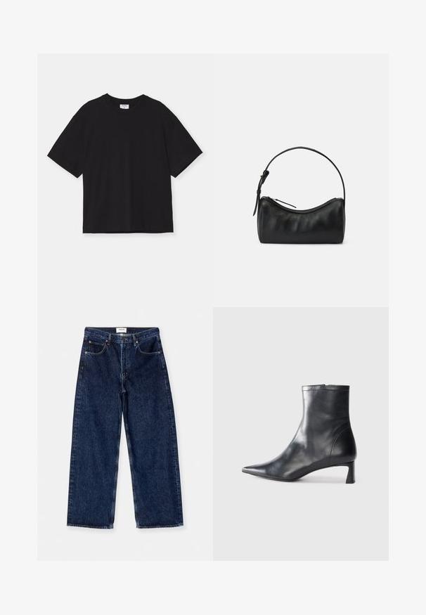 Must have lühikeste varrukatega must puuvillane T-särk. Sellel on lõdva lõikega, ümar kaelus ja pole nähtavaid mustreid ega kaunistusi.; Tumedat sinise denimi laiad jalad teksad, millel on kõrge vöökoht, ees olevad taskud ning sile tekstuur koos peente õmblusele rõhutamisega.; Mustad mustall nahkasaabas terava nina ja stiilse disainiga. Omab madalat konts ja luku sulgemist taga. Sile tekstuur.; Musta nahast õlakott kaarjate joontega, tõmblukuga ja peene rihmaga. Omab siledat tekstuuri ja peeneid õmbluse detaile.