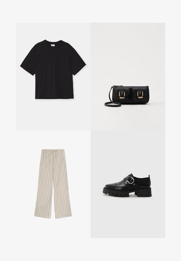 Crna majica kratkih rukava izrađena od pamuka. Ima opušteni kroj, okrugli izrez i bez vidljivih uzoraka ili ukrasa.; Lagane, svijetlo krem boje hlače od tkanine s vertikalnim smeškim prugama, koje imaju elastični pojas s vezicom i široke nogavice.; Crne kožne cipele s debelim, rebrastim potplatom, koje imaju okrugli srebrni detalj i minimalne šavove.; Crna kožna torba preko ramena s dva prednja džepa, zlatnim kopčama, zatvaranjem na zip i uskim remenom. Teksturirana površina i kompaktan pravokutan oblik.