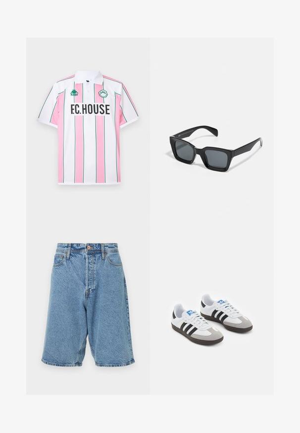 Polo de manga corta en blanco con rayas verticales rosas alternas, detalles en verde y "F.C.HOUSE" impreso en negro en la parte frontal.; Shorts de mezclilla en azul claro con una textura desgastada. Con cierre frontal de botón, trabillas para cinturón y bolsillos laterales. Acentos de costura pesada.; Zapatillas deportivas con parte superior de piel blanca, puntera de ante gris y tres rayas negras. Presentan un logo azul en la lengüeta y una suela de goma texturizada.; Gafas de sol rectangulares negras con lentes oscuros. Montura de plástico con un acabado brillante, que cuenta con un puente ancho y brazos ligeramente cónicos.