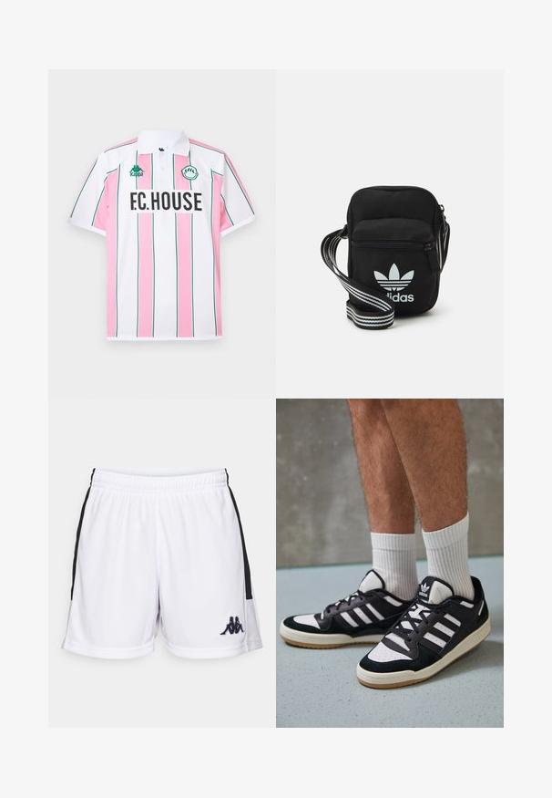 Lühikese varrukaga polo särk valges värvuses, millel on vahelduvad roosa vertikaalsed triibud, rohelised aktsendid ja esiosas julgest mustas kirjas "F.C.HOUSE".; Valged spordishortsid, mis on valmistatud kergekoelisest kangast, mustade külgpaneelide ja väikese musta logoga vasakul ees all.; Mustvalged ja valged spordijalatsid, mille pealmine osa on valmistatud suede'ist ja nahast. Kingadel on kolm valget riba, auguline varvas ja kummist tald.; Mustmust värvi risti koti, millel on tõmblukuga sulgemine, valge Adidas'i logo ja triibuline reguleeritav rihm mugavaks kandmiseks.