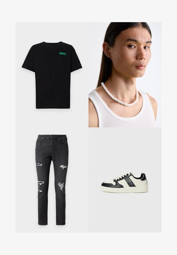 Must t-särk, mis on valmistatud puuvillast, lühikeste varrukatega. Esipaneelil on roheline "ROOTS" logo, ümmargune kaelus ja tavapärane lõige.; Mustad džinsi slim fit stiilis, millel on mitmed kulumise kohad ja nähtavad paigatud detailid põlvedel. Klassikaline viie taskuga disain.; Nahatud nahkkingad musta ja kreemi värviskeemiga, millel on perforeeritud aktsendid, pehme krae ja tekstureeritud tallad.; Valge koorekaelakee, mis on valmistatud ebaregulaarsetest kujunditest, kantakse sobiva valge särkide ülaosa peal. Sile tekstuur kerge läikega, tihedalt istuv disain.