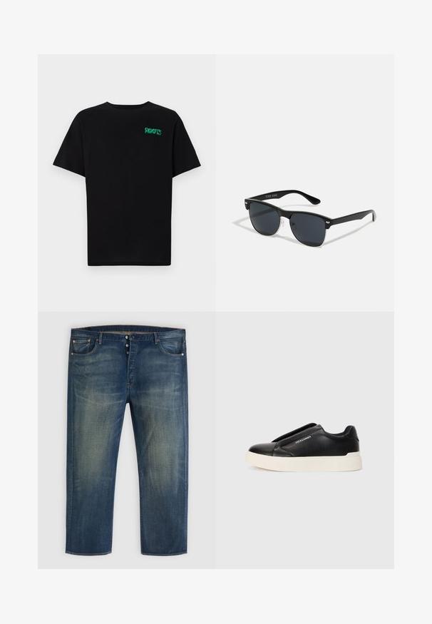 Must t-särk, mis on valmistatud puuvillast, lühikeste varrukatega. Esipaneelil on roheline "ROOTS" logo, ümmargune kaelus ja tavapärane lõige.; Sinine denimist teksade püksid nööbiga, klassikaline viie tasku disain ning kulunud detailid reite ja põlvede piirkonnas.; Must musta kingad tekstureeritud nahast pealmise osaga, valge kummist tallaga ja nähtamatute paeltega. Küljel on brändi logo.; Mustad mustmikrooni kujuga mustad prillid, tumedate klaasidega, hõbedased detailid templite juures ja mati viimistlusega raam.