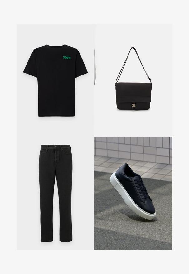 Tricou negru din bumbac, cu mâneci scurte. Prezintă un logo verde "ROOTS" pe față, guler rotund și o potrivire standard.; Jeans negri cu picioare drepte din denim, cu închidere frontală cu buton și fermoar, bucle pentru curea și design cu cinci buzunare, expuși pe un fundal alb.; Tenis cu piele neagră, cu vârful rotund și talpă din cauciuc alb. Are șireturi plate și cusături minime pe suprafață. Tălpile texturate oferă aderență.; Geantă de messenger neagră, realizată din material neted, cu un capac pliat, hardware din metal argintiu și o curea pentru umăr ajustabilă.