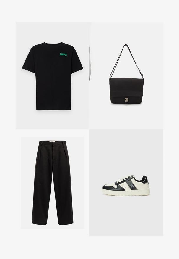 Mustat t-paidat, jotka on valmistettu puuvillasta ja joissa on lyhyet hihat. Edessä vihreä "ROOTS"-logo, pyöreä kaula-aukko ja normaali istuvuus.; Mustat leveät housut, joissa on etupleekit, vyölenkit ja piilotettu kiinnitys, jonka vyötäröllä on "Rebel" -merkki.; Nahkakengät musta-kerma värimaailmassa, joissa on rei'itetyt yksityiskohdat, pehmustettu nilkkaosa ja teksturoitu pohja.; Musta viestintälaukkua, joka on valmistettu sileästä materiaalista. Laatikko sisältää taitettavan kannen, hopeiset soljet ja säädettävän olkahihnan.