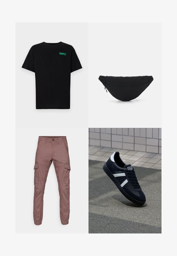 Zwarte T-shirt van katoen met korte mouwen. Heeft een groen "ROOTS" logo op de voorkant, een ronde halslijn en een standaard pasvorm.; Cargo broek van zacht bordeauxrood materiaal met elastische manchetten, meerdere zijzakken en een platte voorkant, geschikt voor casual gedragen of buitenactiviteiten.; Zwarte leren sneaker met witte strepen, een gestructureerde rubberen zool en vetersluiting aan de voorkant. Voorzien van een merklabel op de tong.; Zwarte stof heuptas met een afgeronde vorm, voorzak met rits en een gladde textuur. Geen zichtbare patronen of accenten. Lichtgewicht ontwerp.