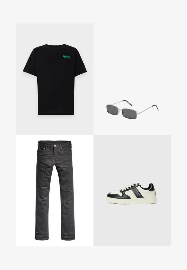 Zwarte T-shirt van katoen met korte mouwen. Heeft een groen "ROOTS" logo op de voorkant, een ronde halslijn en een standaard pasvorm.; Zwarte denim jeans met een klassieke recht-pijp ontwerp. Voorzien van voorzakken, een knopenrits en subtiele stiksels.; Leren sneakers met een zwart en crèmekleurig kleurenschema, voorzien van geperforeerde accenten, een gevoerde kraag en een gestructureerde buitenzool.; Rechthoekige zonnebril met donkergrijze lenzen, dunne zilveren metalen montuur en zwart rubberen uiteinden van de oorstukken. Minimalistisch ontwerp.