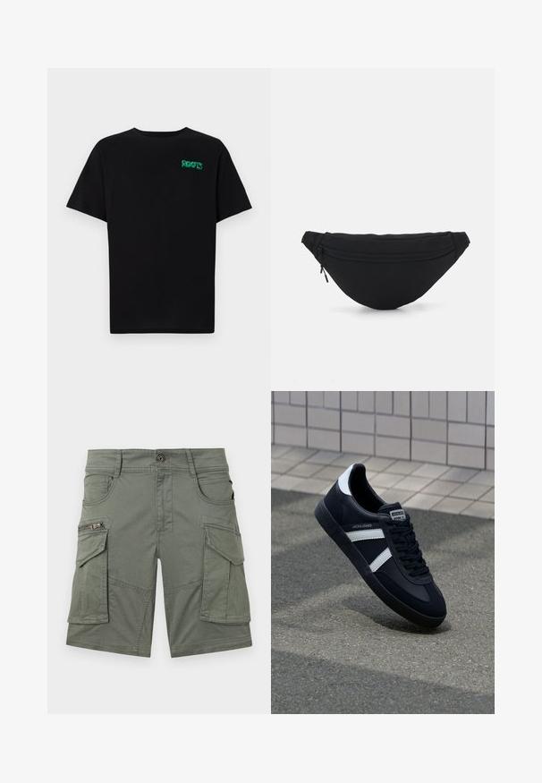 Zwarte T-shirt van katoen met korte mouwen. Heeft een groen "ROOTS" logo op de voorkant, een ronde halslijn en een standaard pasvorm.; Olivengroene cargoshorts van een katoenmix. Bevat meerdere zakken, waaronder een vak met rits, en stevige stiksels.; Zwarte leren sneaker met witte strepen, een gestructureerde rubberen zool en vetersluiting aan de voorkant. Voorzien van een merklabel op de tong.; Zwarte stof heuptas met een afgeronde vorm, voorzak met rits en een gladde textuur. Geen zichtbare patronen of accenten. Lichtgewicht ontwerp.