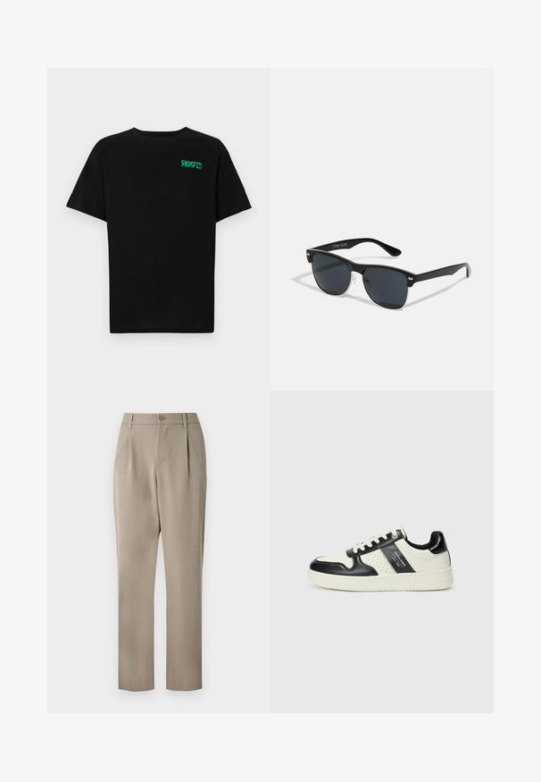 Juodas medvilninis marškinėliai trumpomis rankovėmis. Priekyje yra žalias „ROOTS“ logotipas, apvalus iškirpimas ir standartinė prigludimo forma.; Chaki kelnes su tiesia kojų forma, su mygtuko uždarymu ir raukiniais priekyje. Pagamintos iš sklandaus audinio su matinio paviršiaus apdaila.; Odiniai sportbačiai juodos ir kreminės spalvų schemoje, su perforuotais akcentais, paminkštinta apykakle ir tekstūruotu padu.; Juodos saulės akinių su stačiakampiu rėmeliu, tamsiais lęšiais, sidabrinėmis detalėmis šventrajose ir matinio paviršiaus rėmeliu.