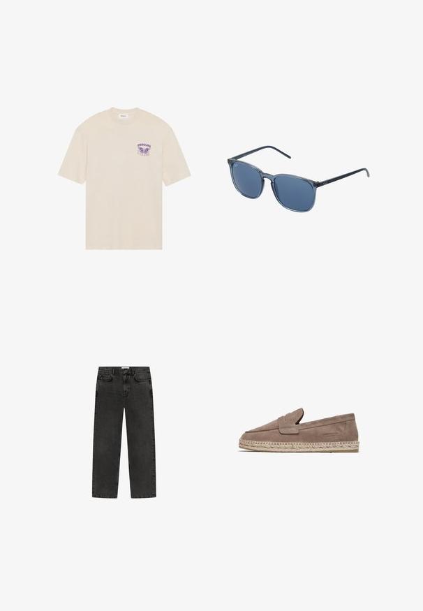 Beige cotton t-shirt featuring a purple butterfly graphic and the word "OBSCURE" on the left chest area, short sleeves, and a rounded neckline.; Black denim jeans with a straight leg design, five pockets, and a button-fly closure. Features a subtle faded texture and stitching details.; FRED MARTIN COLLECTION MARBELLA - Espadrilles - taupe suede; Blue rectangular sunglasses with grey tinted lenses, plastic frame, metallic accents, and a matte finish on the arms.